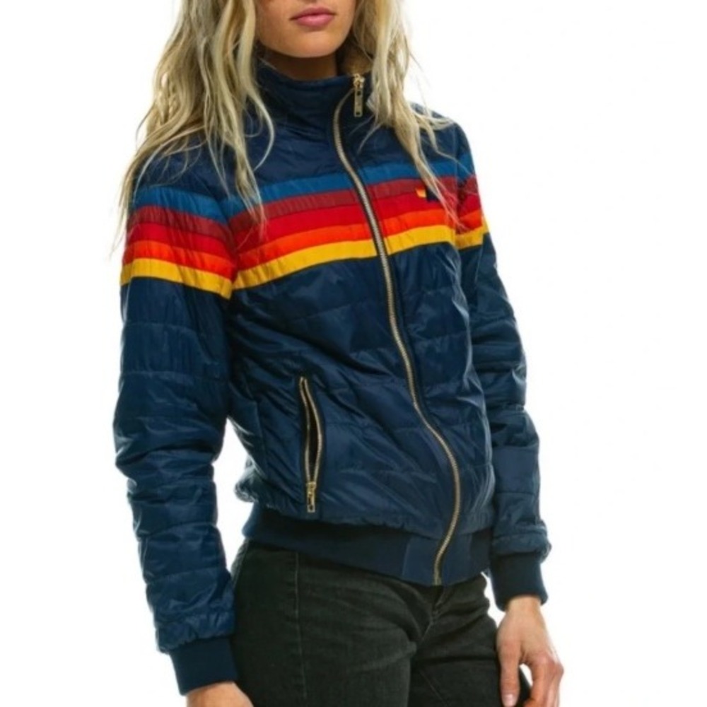Aviator Nation Womens 5-Stripe Puffer Jacket Navy Rainbow Sherpa XS cali Ski